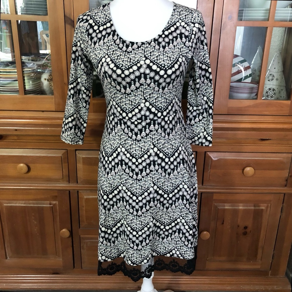 Pink Rose Black & White Geometric Long Sleeve Scoop Neck Dress with Lace Trim